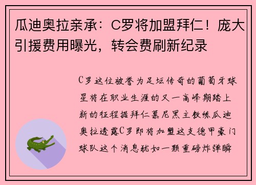 瓜迪奥拉亲承：C罗将加盟拜仁！庞大引援费用曝光，转会费刷新纪录